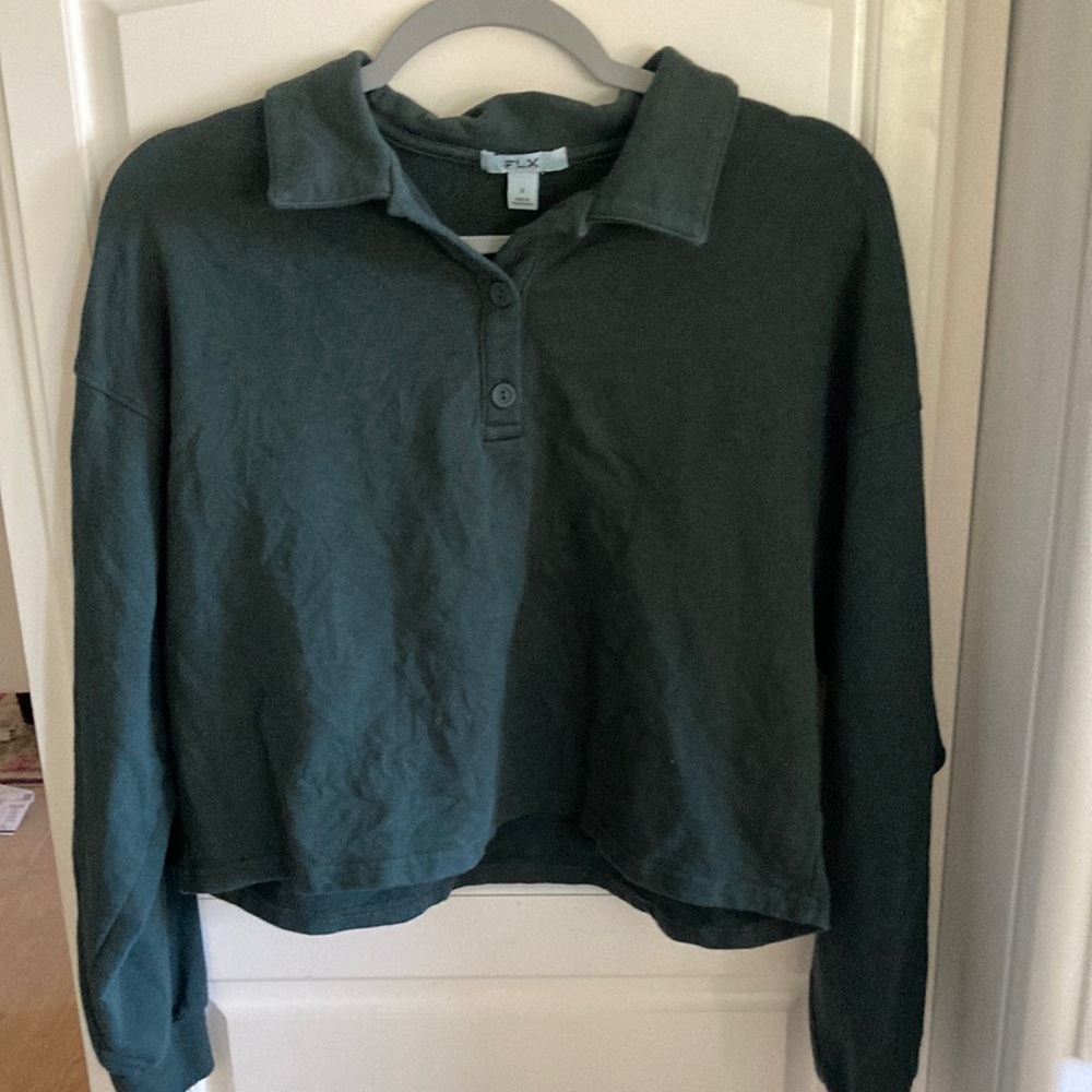 FLX green long sleeve collared shirt crop with button down size small